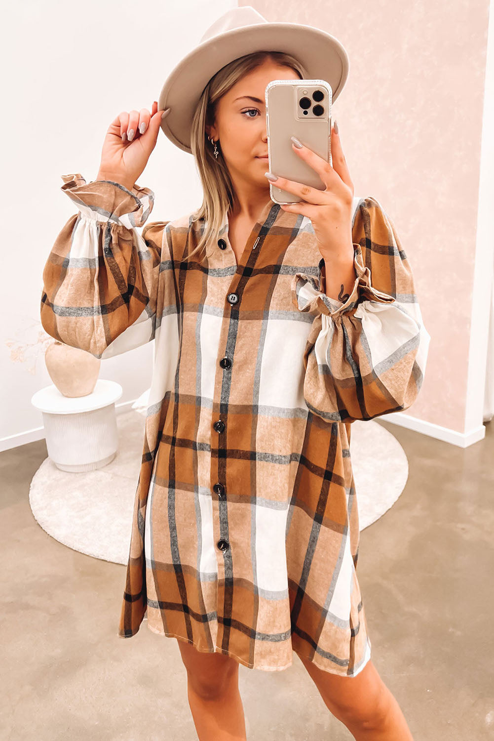 Khaki Plaid Pattern Collared Neck Ruffled Sleeve Shirt Dress - Premium Dresses from Momma Done Gone Crafty- Just $23.70! Shop now at Momma Done Gone Crafty