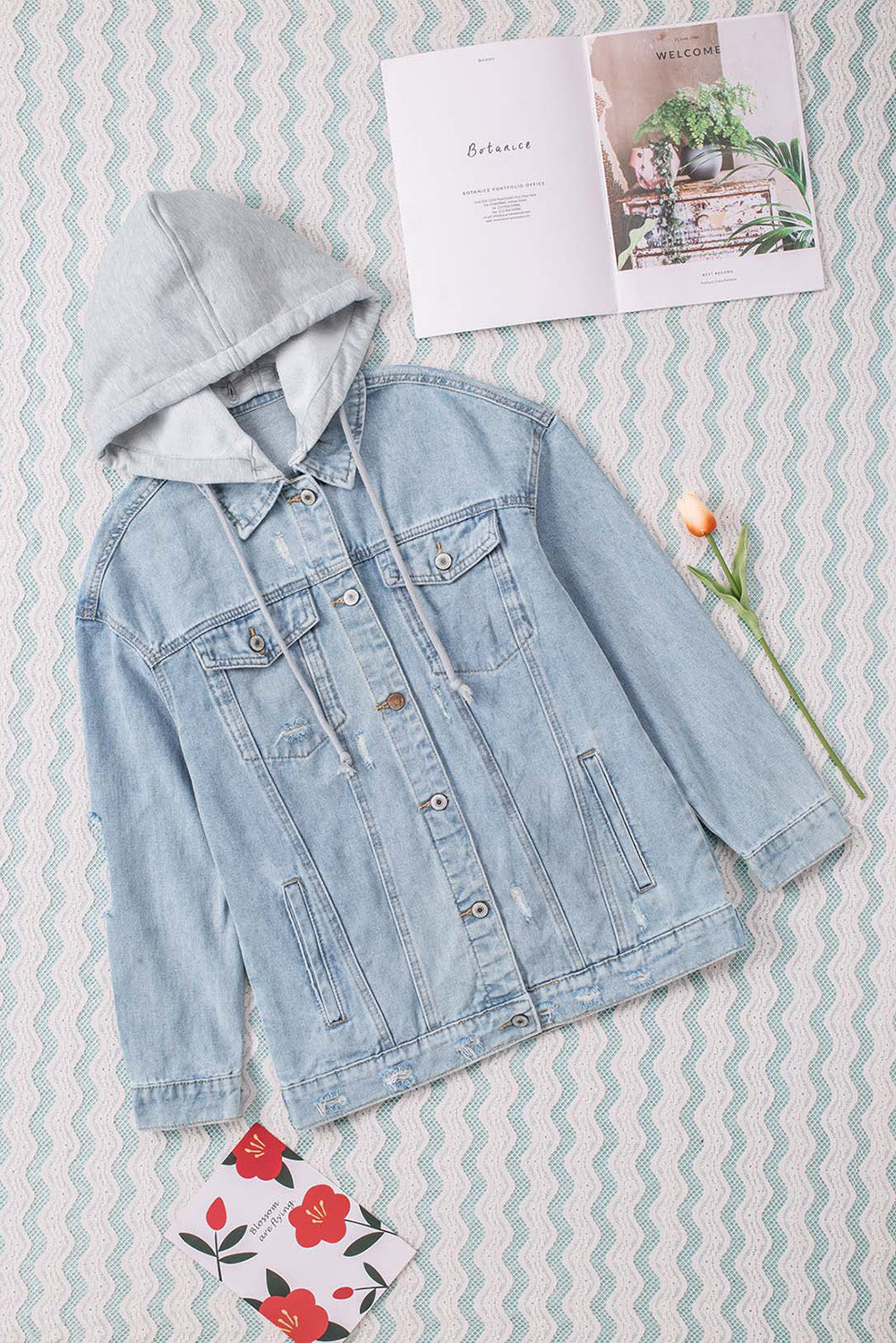 Sky Blue Button Closure Ripped Hooded Denim Jacket - Premium Outerwear from Momma Done Gone Crafty- Just $60.00! Shop now at Momma Done Gone Crafty