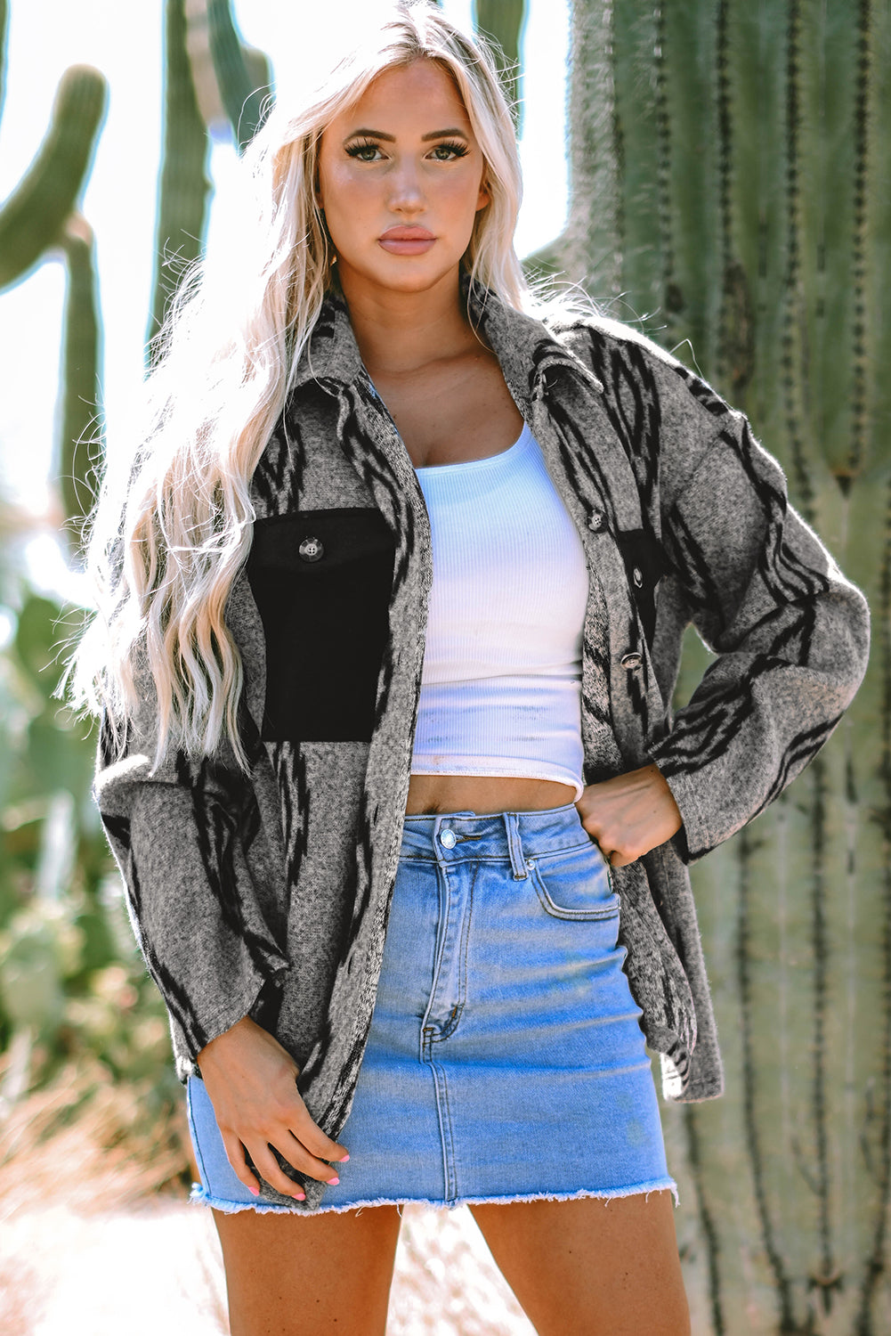 Gray Aztec Contrast Chest Pockets Loose Shacket - Premium Outerwear/Jackets from Momma Done Gone Crafty- Just $43.99! Shop now at Momma Done Gone Crafty