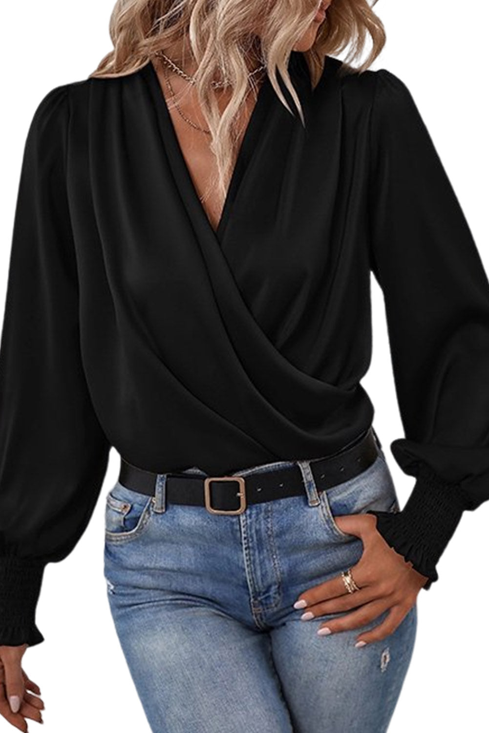 Black Solid Surplice Neck Shirred Cuffs Draped Blouse