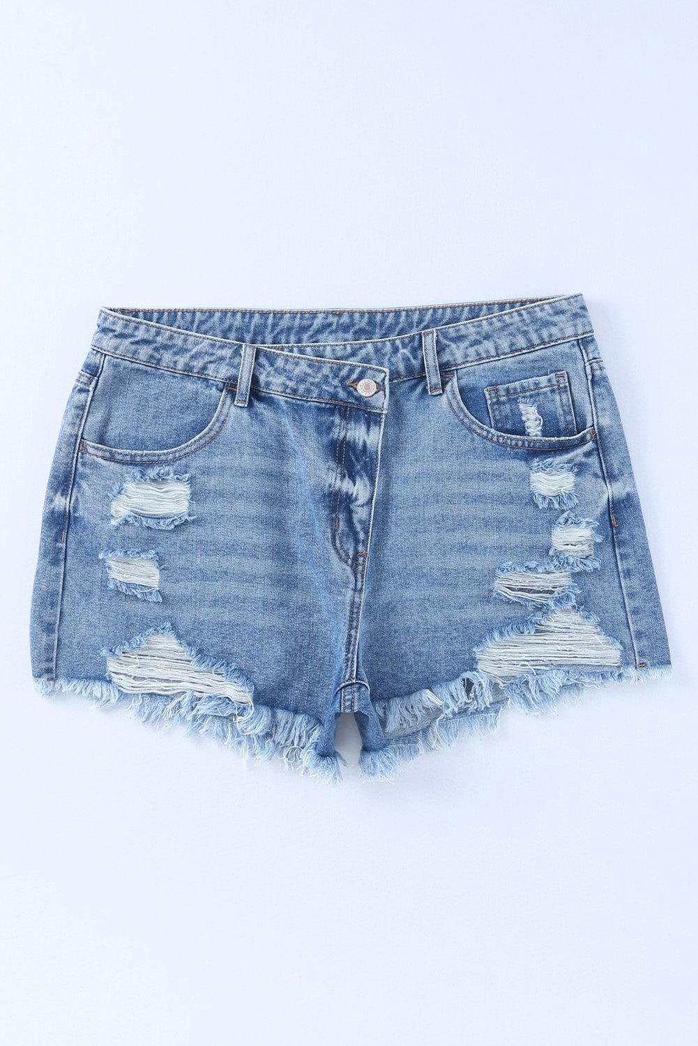 Sky Blue High Rise Crossover Waist Denim Shorts - Premium Bottoms from Momma Done Gone Crafty- Just $26.00! Shop now at Momma Done Gone Crafty