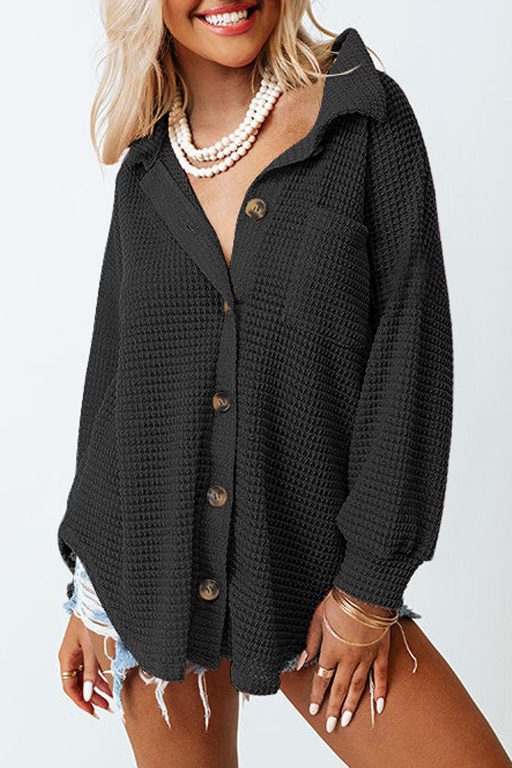 Black Waffle Knit Button Up Casual Shirt - Premium Tops from Momma Done Gone Crafty- Just $20.94! Shop now at Momma Done Gone Crafty