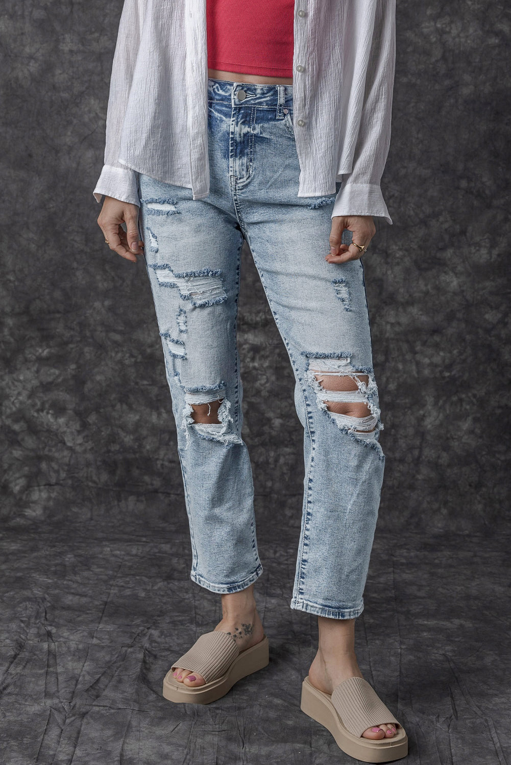 Sky Blue Light Wash Frayed Slim Fit High Waist Jeans - Premium Bottoms from Momma Done Gone Crafty- Just $71.97! Shop now at Momma Done Gone Crafty