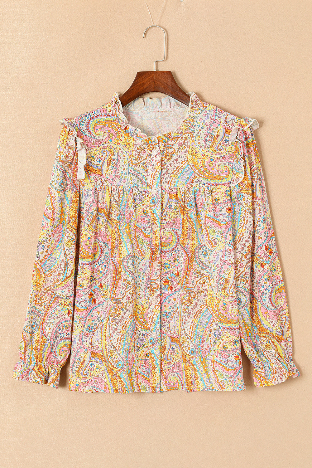 Yellow Paisley Print Ruffled Trim Boho Shirt - Premium Tops from Momma Done Gone Crafty- Just $33.30! Shop now at Momma Done Gone Crafty