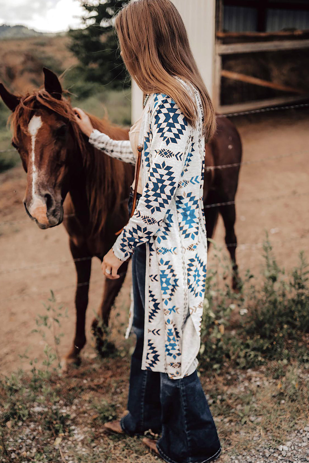 Sky Blue Western Aztec Printed Open Front Long Cardigan - Premium Sweaters & Cardigans/Cardigans from Momma Done Gone Crafty- Just $26.99! Shop now at Momma Done Gone Crafty