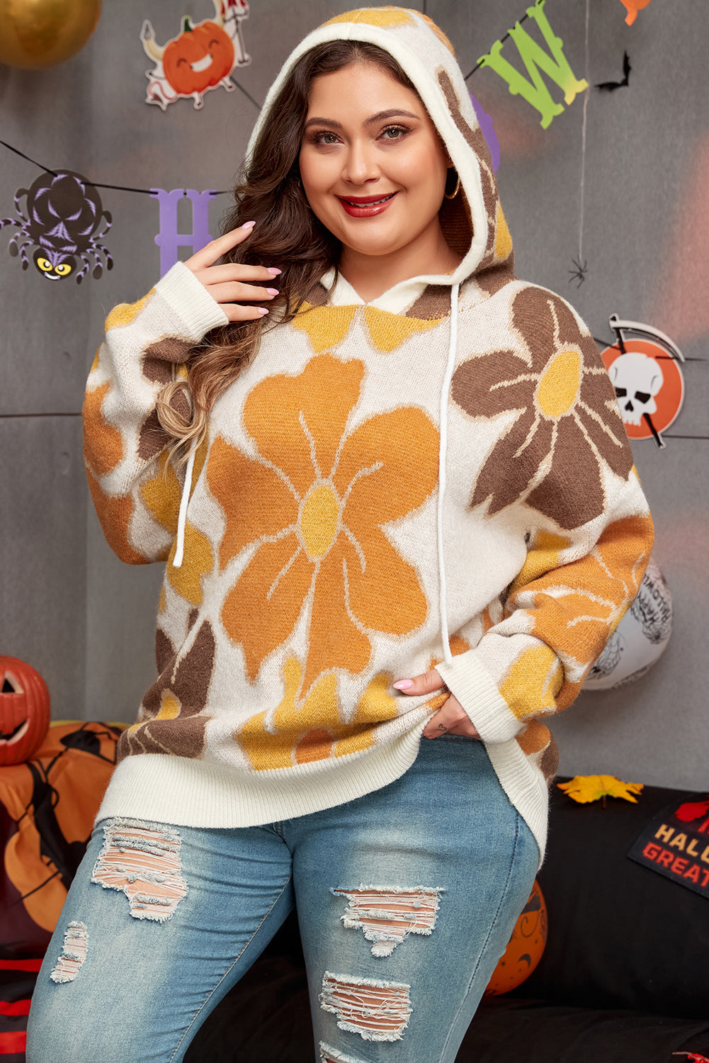 White Large Flower Knitted Drawstring Hooded Plus Size Sweater - Premium Plus Size/Plus Size Sweaters & Cardigans from Momma Done Gone Crafty- Just $37.20! Shop now at Momma Done Gone Crafty