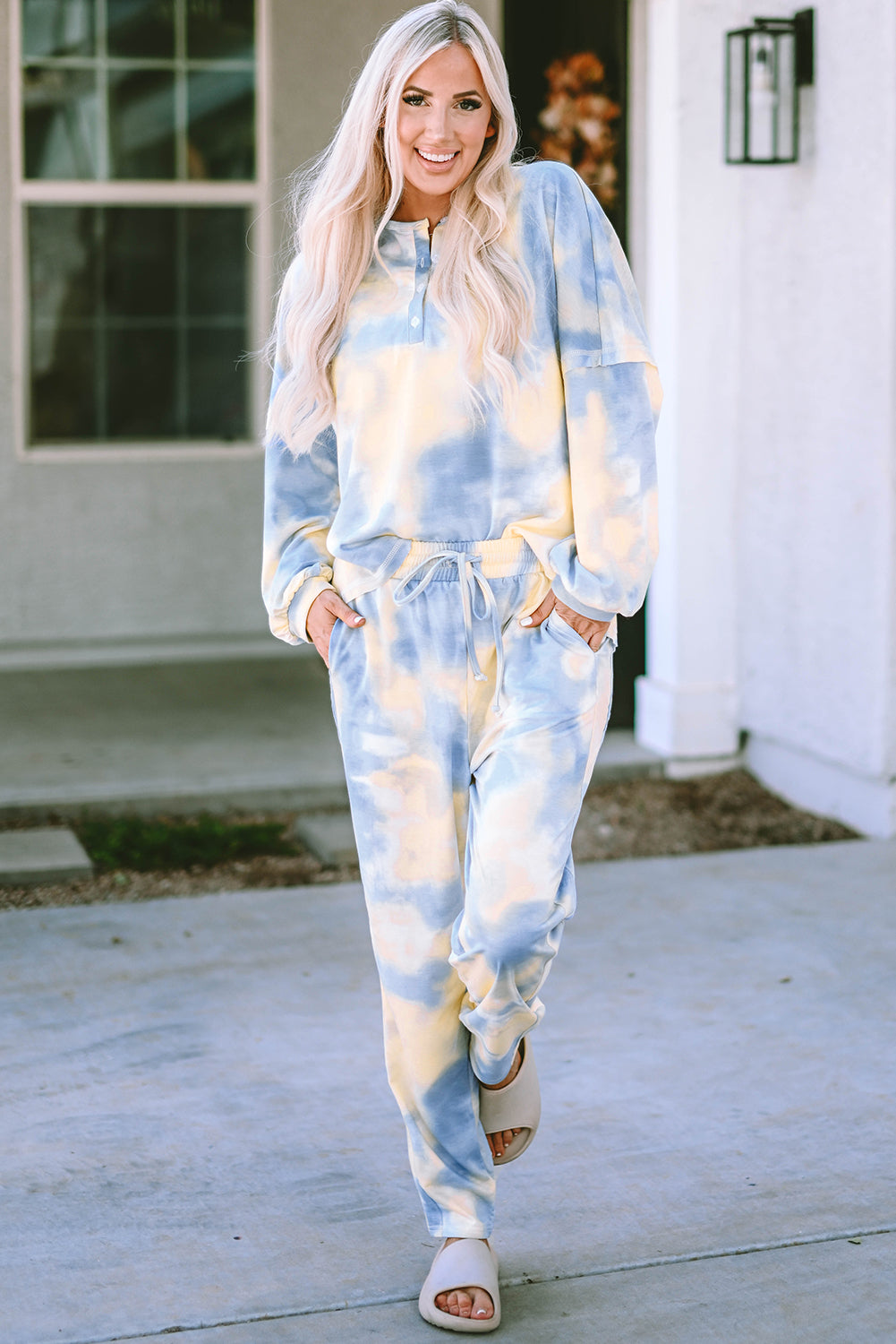 Multicolor Tie Dye Henley Top and Drawstring Pants Outfit - Premium Loungewear from Momma Done Gone Crafty- Just $39.99! Shop now at Momma Done Gone Crafty