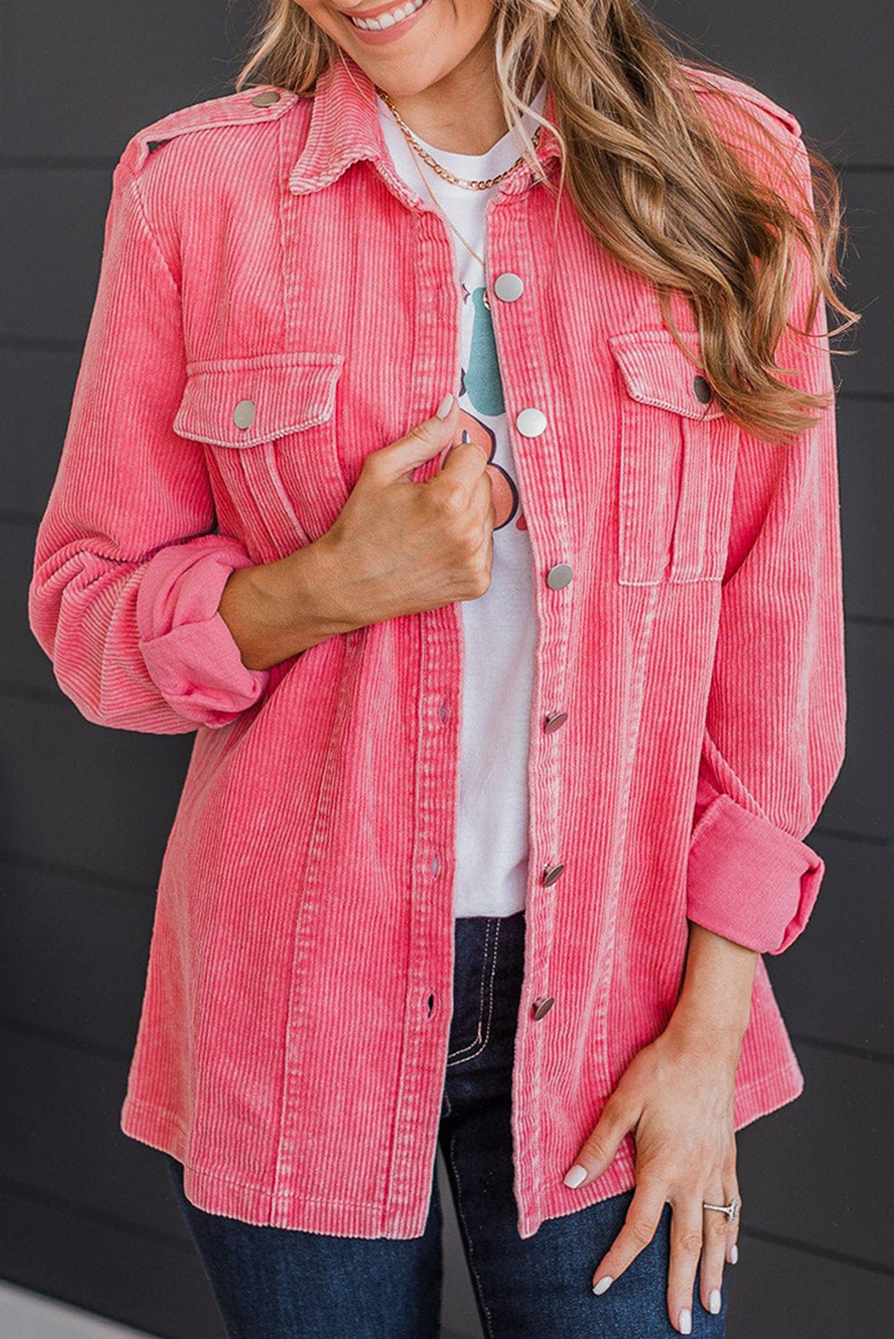 Pink Buttoned Flap Pocket Corduroy Jacket - Premium Outerwear from Momma Done Gone Crafty- Just $42.99! Shop now at Momma Done Gone Crafty