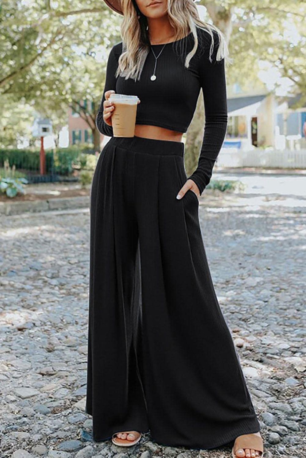 Black Solid Color Ribbed Crop Top Long Pants Set - Premium Loungewear from Momma Done Gone Crafty- Just $35.94! Shop now at Momma Done Gone Crafty