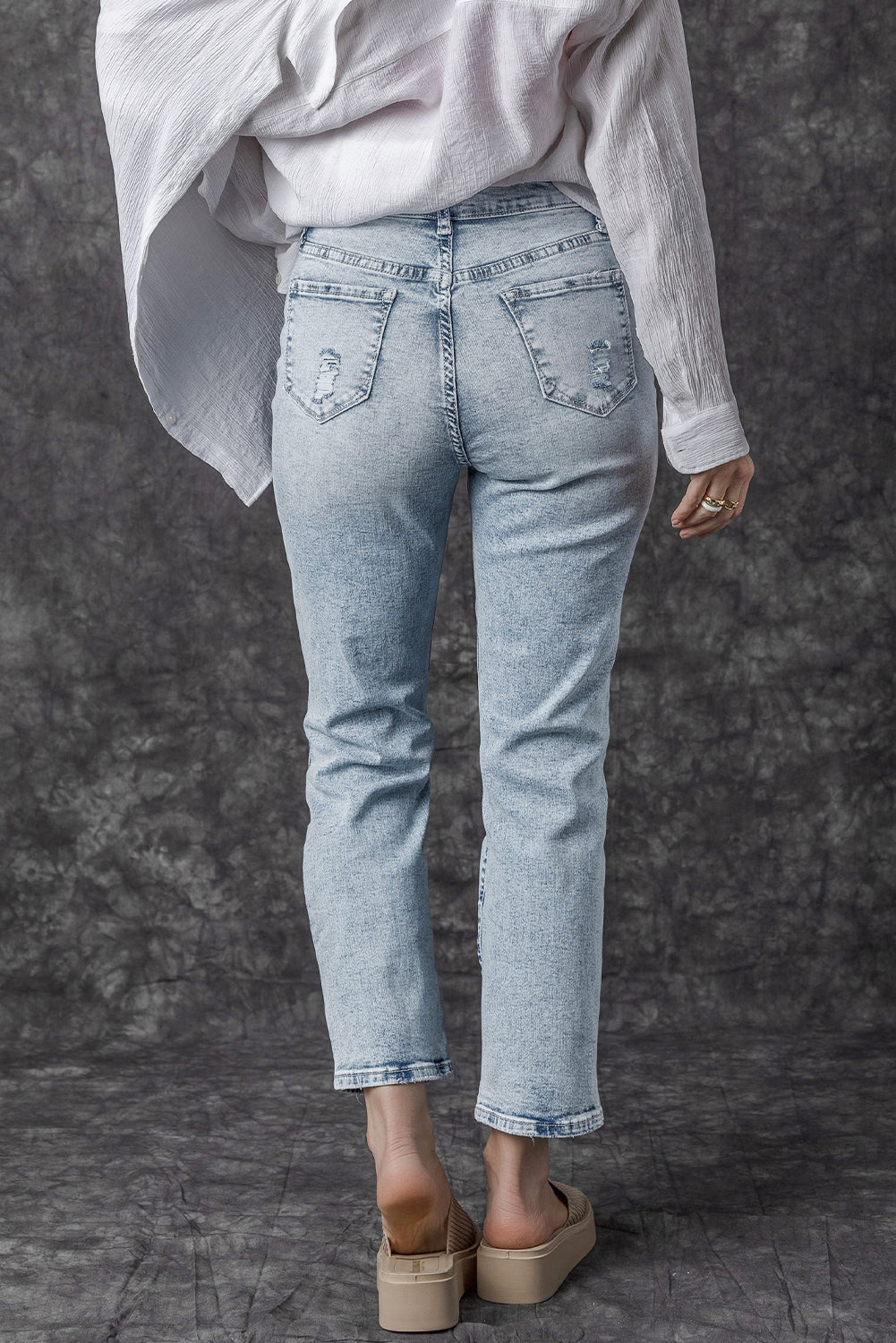 Sky Blue Light Wash Frayed Slim Fit High Waist Jeans - Premium Bottoms from Momma Done Gone Crafty- Just $71.97! Shop now at Momma Done Gone Crafty