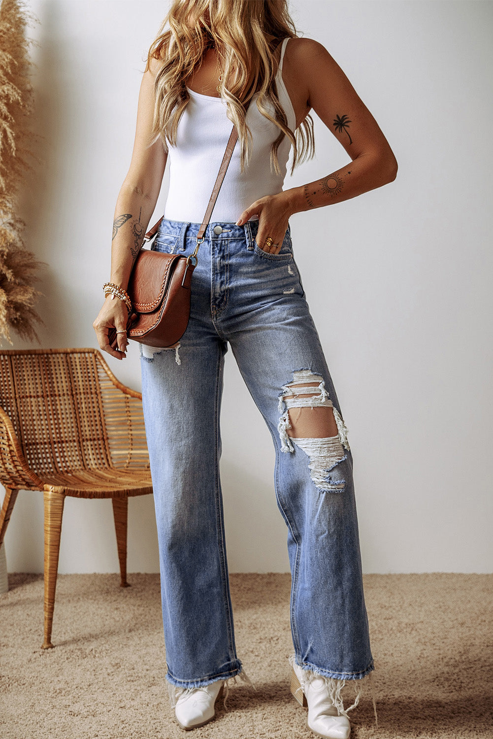 Ashleigh Blue Distressed Raw Hem Straight Leg High Waist Jeans - Premium Bottoms/Jeans from Momma Done Gone Crafty- Just $62.99! Shop now at Momma Done Gone Crafty