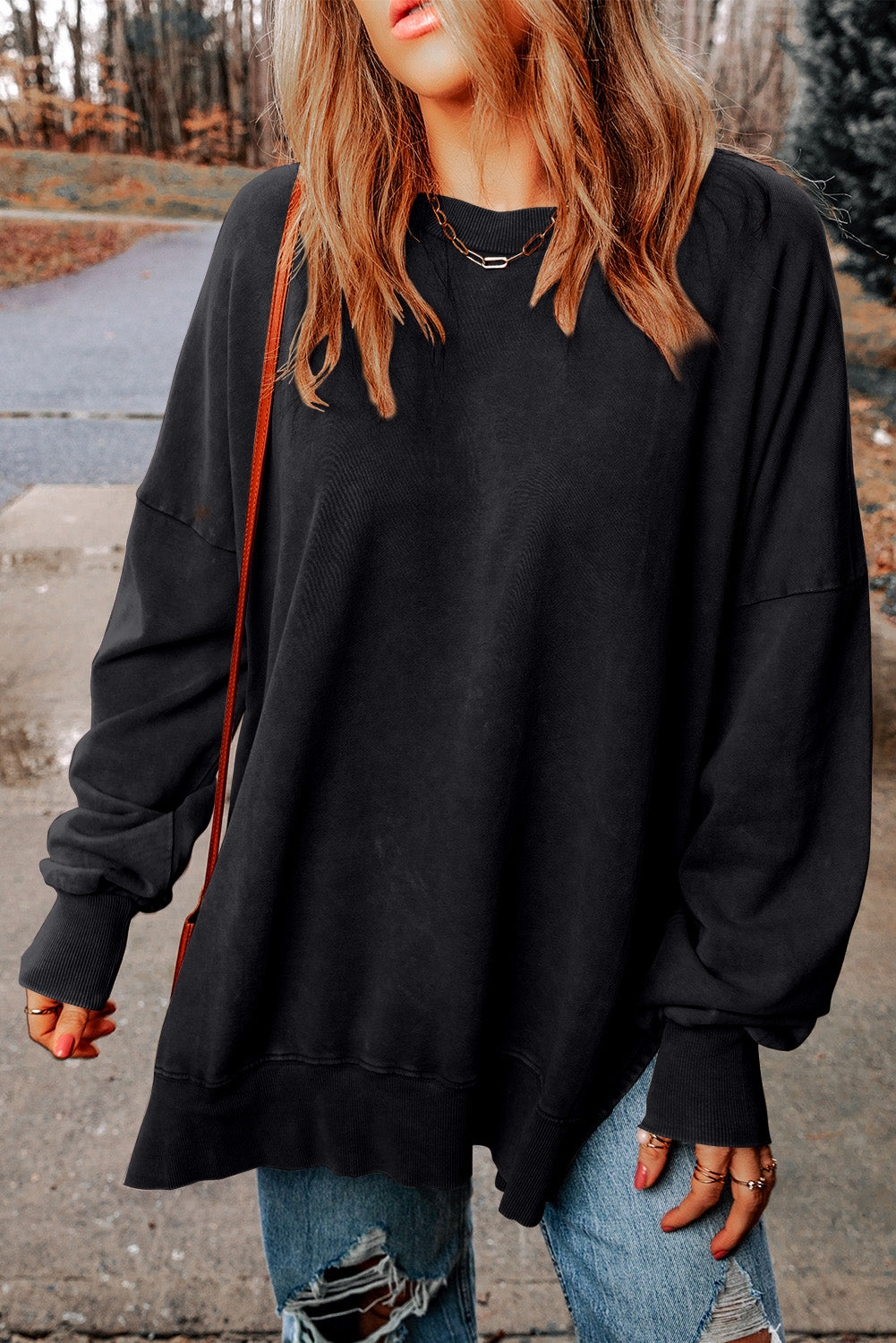 Black Drop Shoulder Ribbed Trim Oversized Sweatshirt - Premium Tops from Momma Done Gone Crafty- Just $29.70! Shop now at Momma Done Gone Crafty