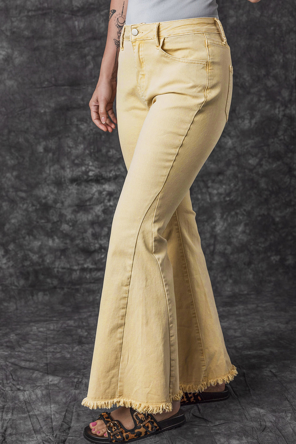 Khaki Raw Edge Mid Waist Flared Jeans - Premium Bottoms from Momma Done Gone Crafty- Just $60! Shop now at Momma Done Gone Crafty