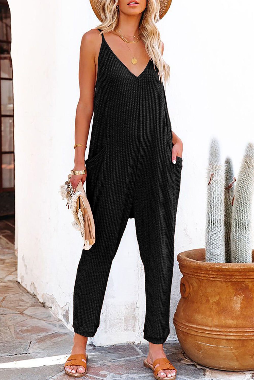 Black Textured Sleeveless V-Neck Pocketed Casual Jumpsuit - Premium Bottoms from Momma Done Gone Crafty- Just $26.99! Shop now at Momma Done Gone Crafty