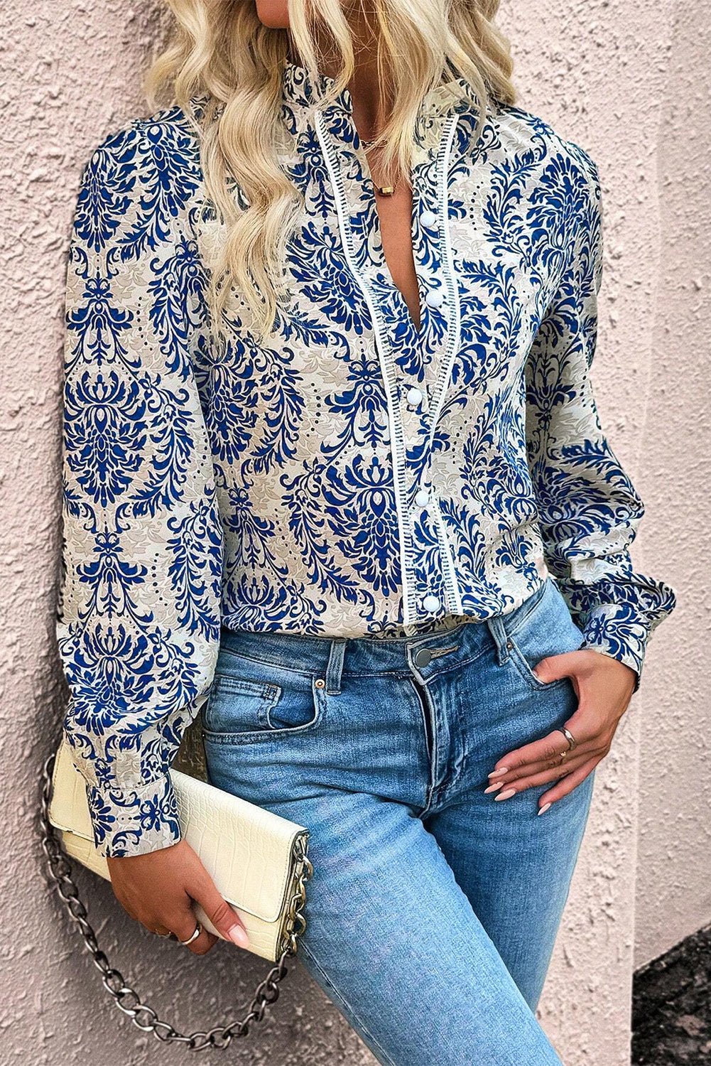 Sky Blue Bohemian Printed Bishop Sleeve Lace Shirt - Premium Tops/Blouses & Shirts from Momma Done Gone Crafty- Just $28.99! Shop now at Momma Done Gone Crafty