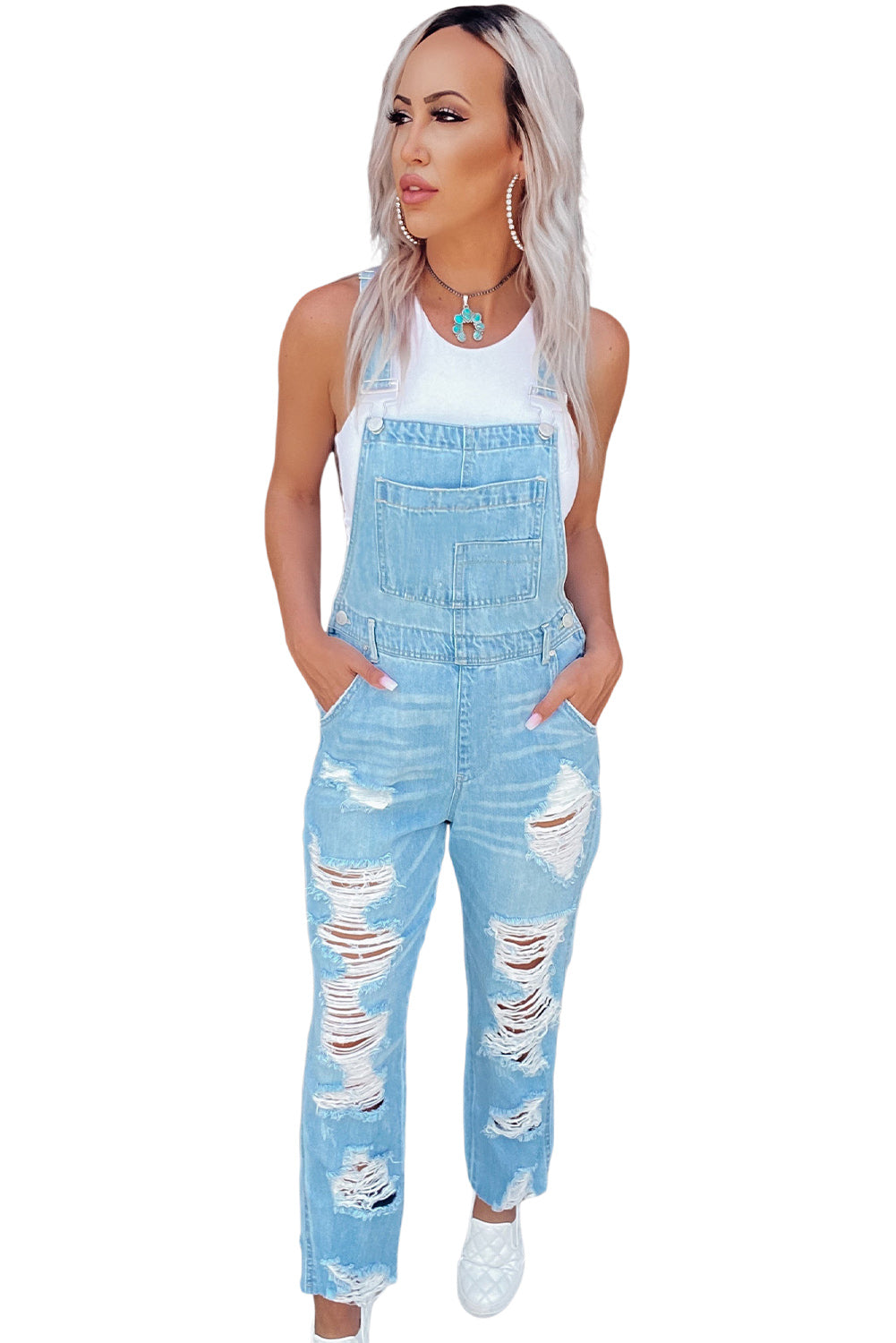 Sky Blue Constructed Bib Pocket Distressed Denim Overalls - Premium Bottoms from Momma Done Gone Crafty- Just $65.99! Shop now at Momma Done Gone Crafty