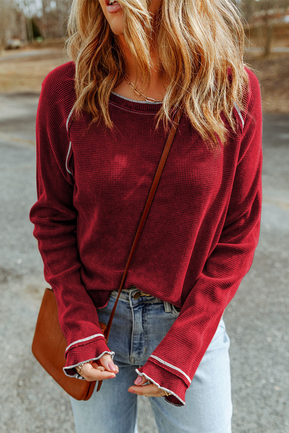 Red Textured Round Neck Long Sleeve Top - Premium Tops from Momma Done Gone Crafty- Just $13.20! Shop now at Momma Done Gone Crafty