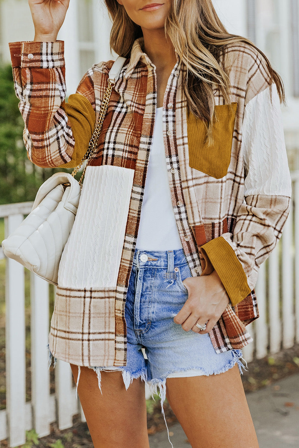 Orange Plaid Color Block Patchwork Shirt Jacket with Pocket - Premium Outerwear from Momma Done Gone Crafty- Just $35.99! Shop now at Momma Done Gone Crafty