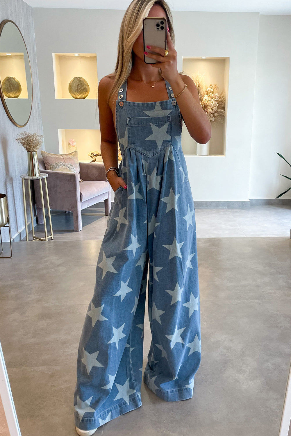 Star Print Buttoned Strap Pleat Wide Leg Denim Overall - Premium Bottoms/Jumpsuits & Rompers from Momma Done Gone Crafty- Just $58.99! Shop now at Momma Done Gone Crafty