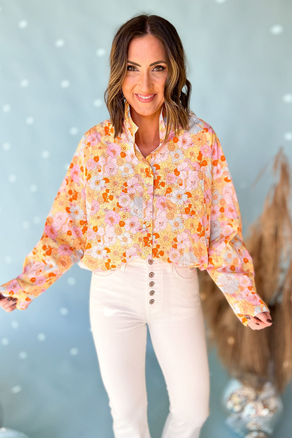 Yellow Floral Print Turn Down Collar Loose Shirt - Premium Tops from Momma Done Gone Crafty- Just $40.20! Shop now at Momma Done Gone Crafty