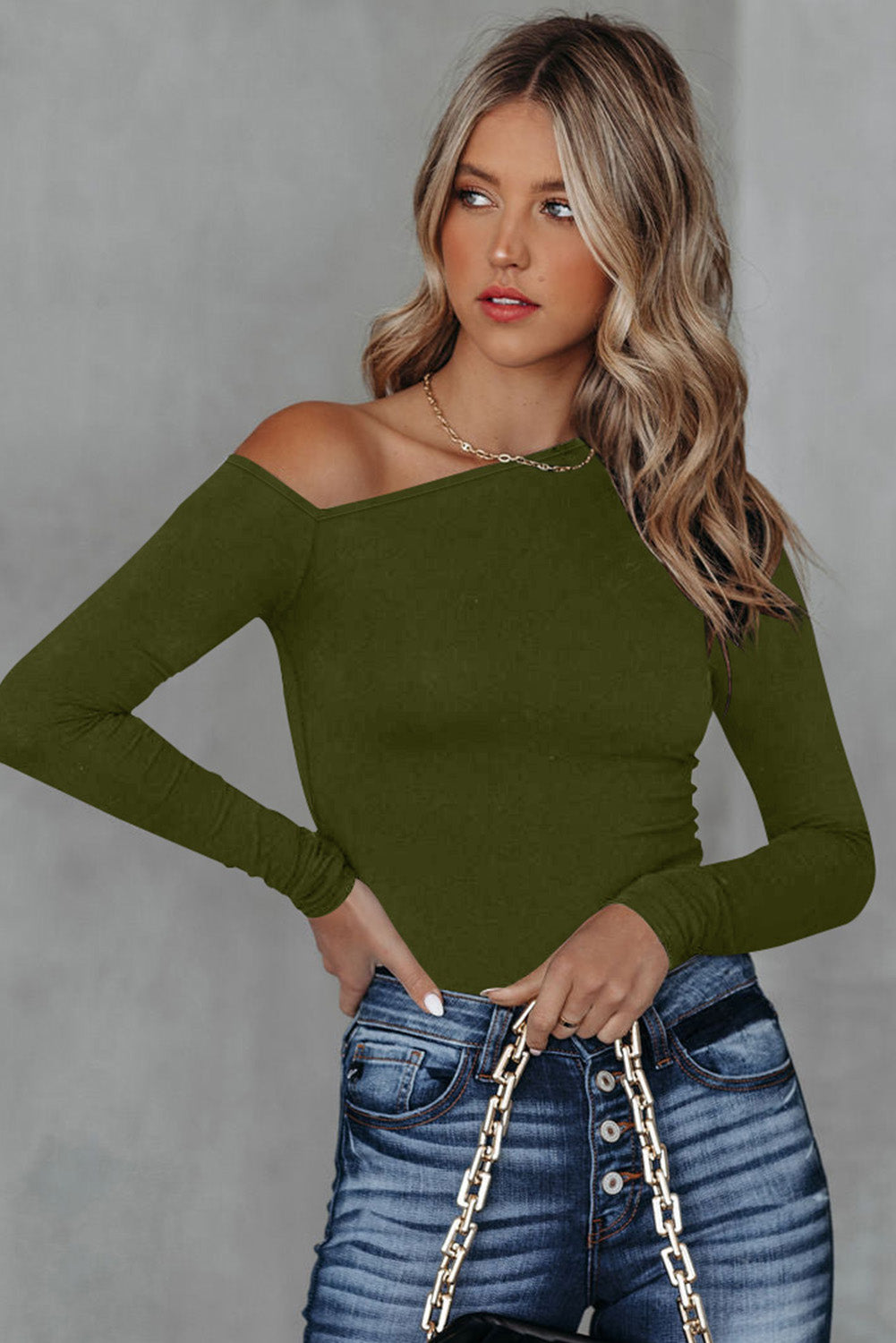 Green Asymmetrical Neckline Long Sleeve Knit Top - Premium Tops from Momma Done Gone Crafty- Just $23.94! Shop now at Momma Done Gone Crafty