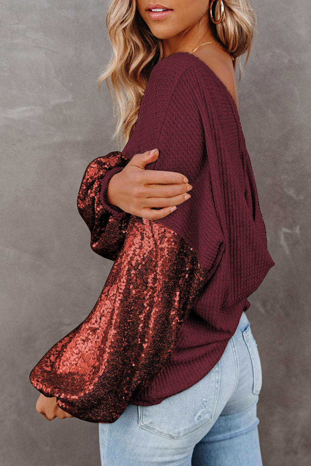 Biking Red Sequin Patchwork Sleeve Open Back Waffle Knit Top - Premium Tops from Momma Done Gone Crafty- Just $40.86! Shop now at Momma Done Gone Crafty