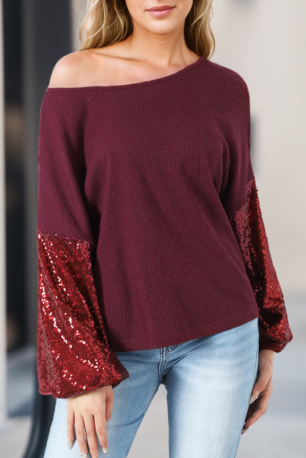 Biking Red Sequin Patchwork Sleeve Open Back Waffle Knit Top - Premium Tops from Momma Done Gone Crafty- Just $40.86! Shop now at Momma Done Gone Crafty