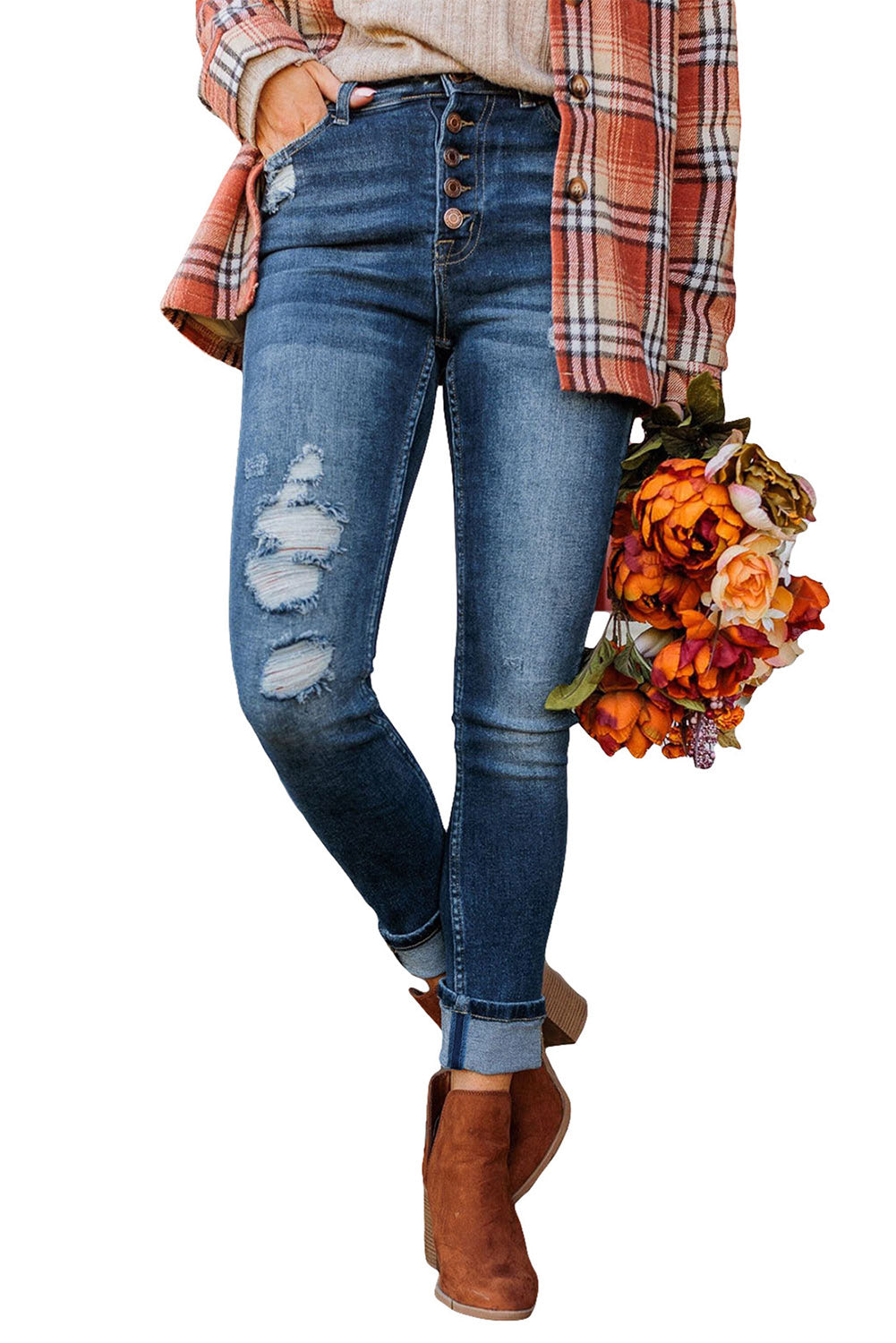 Blue Distressed Button Fly High Waist Skinny Jeans - Premium Bottoms from Momma Done Gone Crafty- Just $35.40! Shop now at Momma Done Gone Crafty