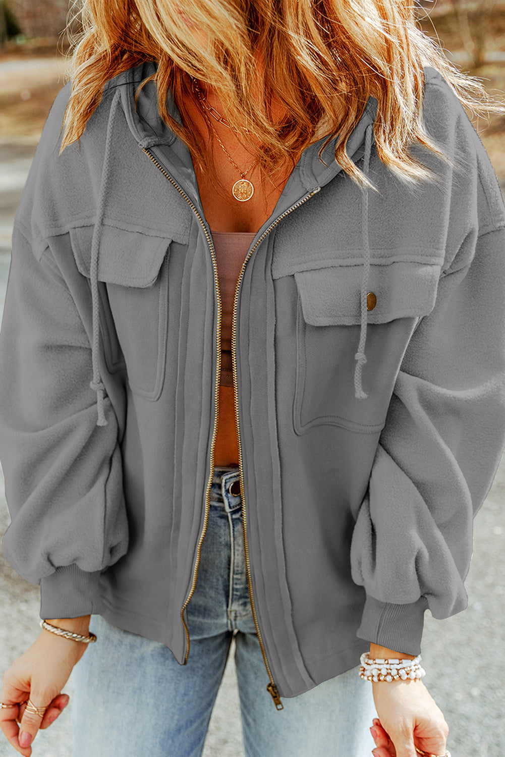 Gray Flap Pocket Drawstring Hood Zip Up Jacket - Premium Outerwear from Momma Done Gone Crafty- Just $38.99! Shop now at Momma Done Gone Crafty