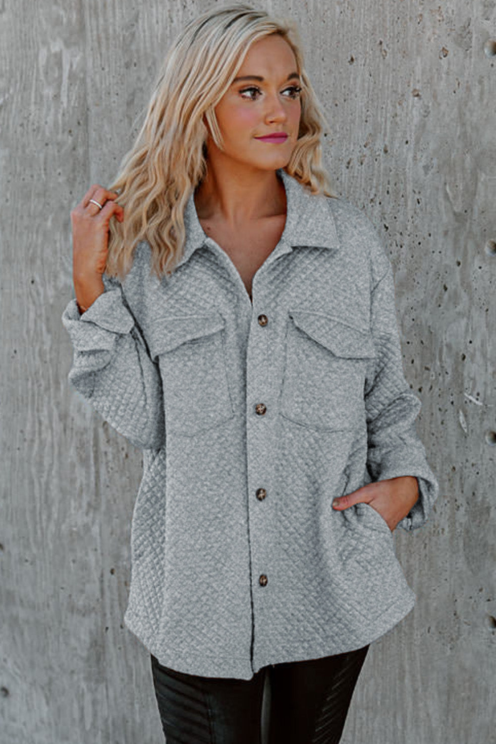 Gray Lattice Texture Retro Flap Pocket Button Shacket - Premium Outerwear from Momma Done Gone Crafty- Just $35.99! Shop now at Momma Done Gone Crafty