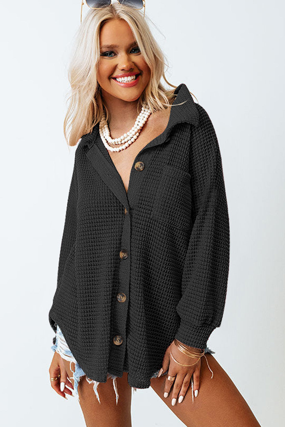 Black Waffle Knit Button Up Casual Shirt - Premium Tops from Momma Done Gone Crafty- Just $20.94! Shop now at Momma Done Gone Crafty