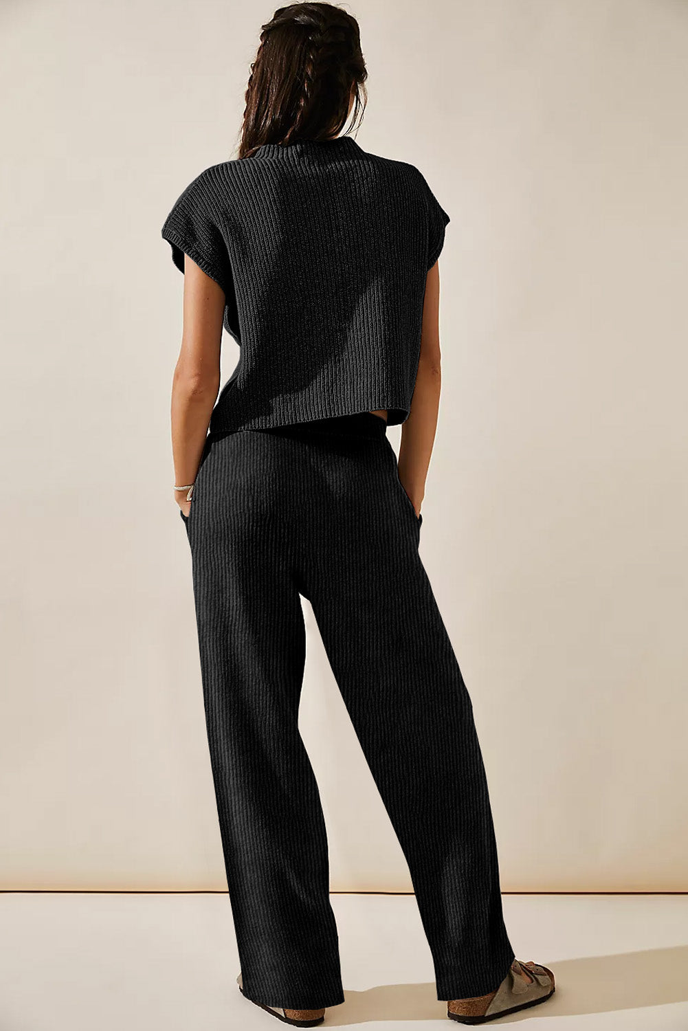 Black Knitted V Neck Sweater and Casual Pants Set - Premium Loungewear from Momma Done Gone Crafty- Just $82.26! Shop now at Momma Done Gone Crafty