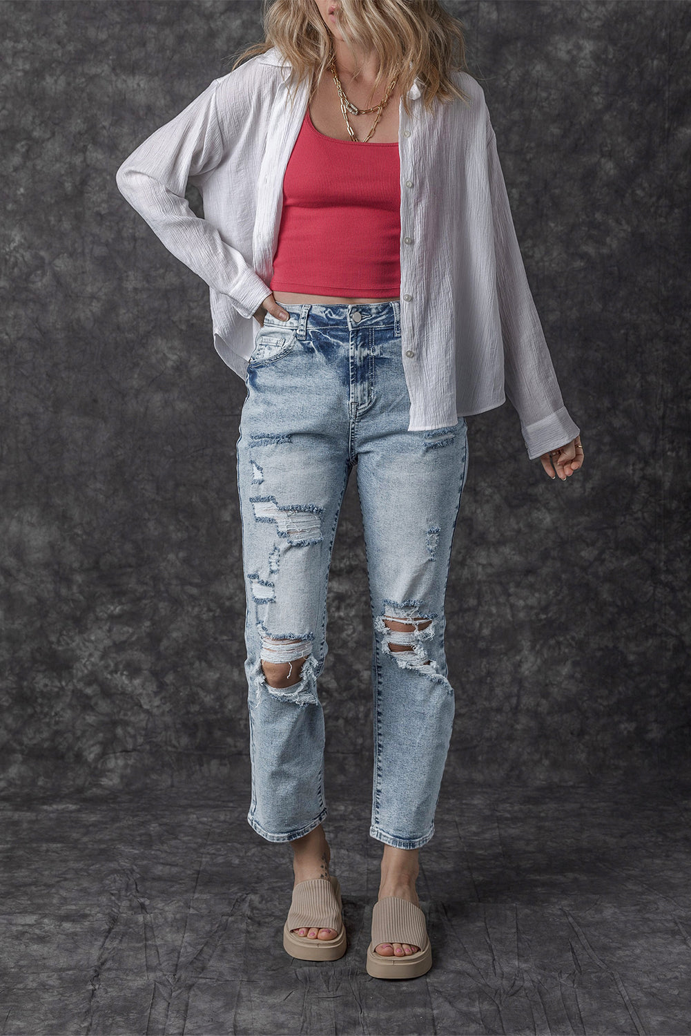 Sky Blue Light Wash Frayed Slim Fit High Waist Jeans - Premium Bottoms from Momma Done Gone Crafty- Just $71.97! Shop now at Momma Done Gone Crafty