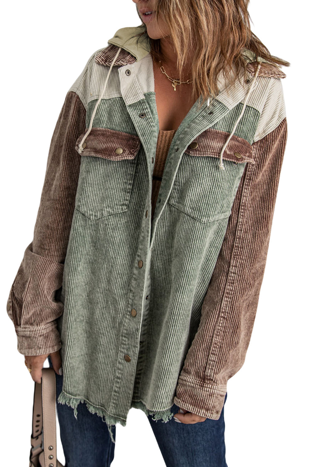 Green Color Block Button Down Hooded Corduroy Jacket - Premium Outerwear from Momma Done Gone Crafty- Just $54.00! Shop now at Momma Done Gone Crafty