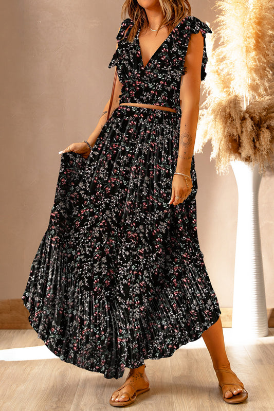 Black Multicolor Floral Ruffled Crop Top and Maxi Skirt Set - Premium Dresses from Momma Done Gone Crafty- Just $36.90! Shop now at Momma Done Gone Crafty