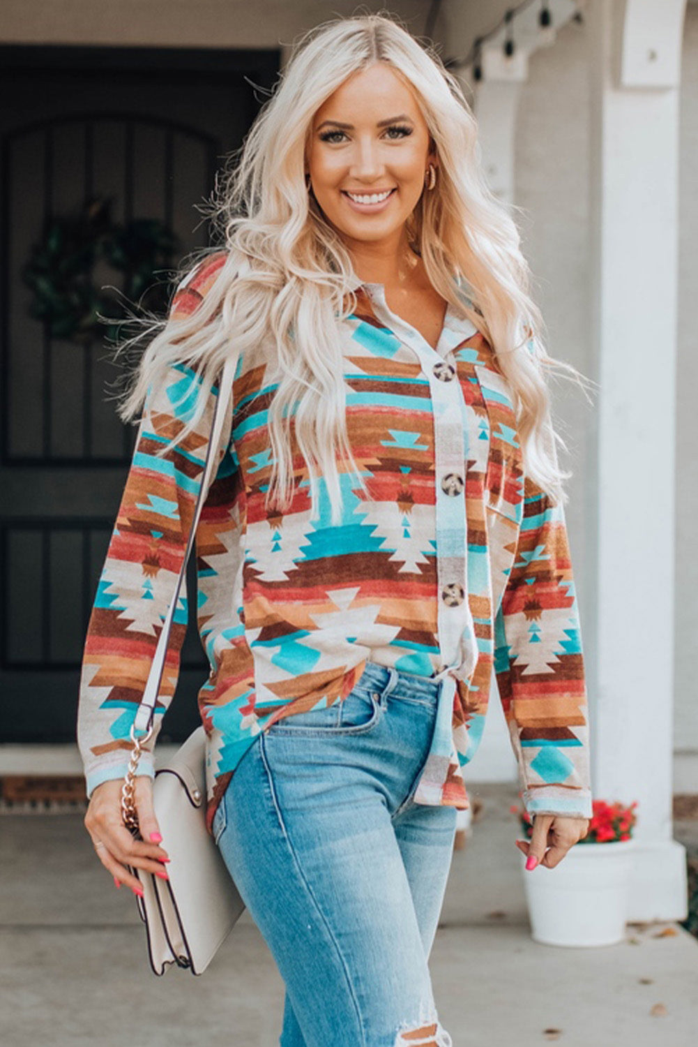 Multicolor Aztec Print Buttoned Pocket Chest Long Sleeve Shirt - Premium Tops/Blouses & Shirts from Momma Done Gone Crafty- Just $33.99! Shop now at Momma Done Gone Crafty