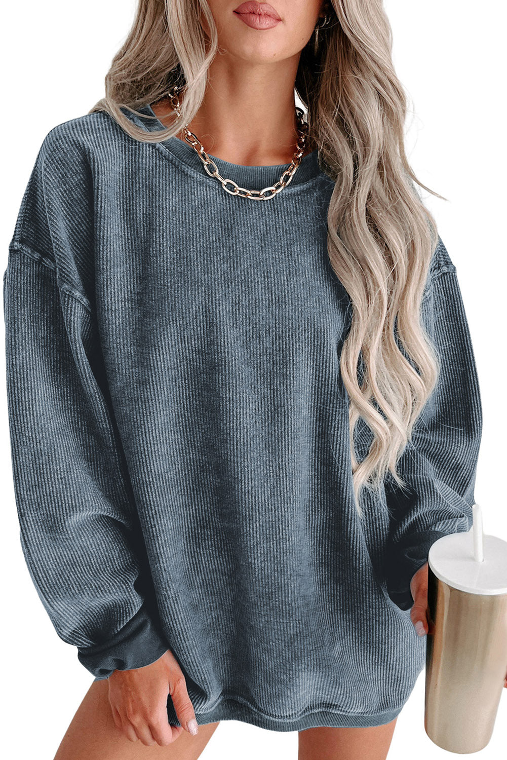 Blue Solid Ribbed Knit Round Neck Pullover Sweatshirt - Premium Tops from Momma Done Gone Crafty- Just $40.99! Shop now at Momma Done Gone Crafty