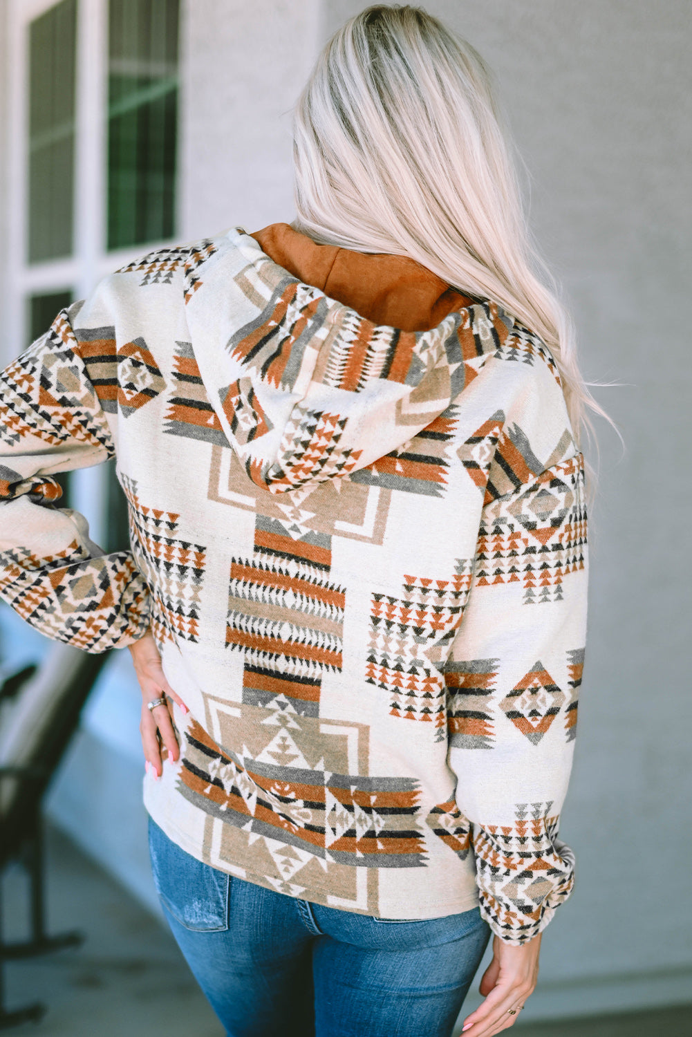 Beige Aztec Print Kangaroo Pocket Half-Zip Hoodie - Premium Tops from Momma Done Gone Crafty- Just $51.46! Shop now at Momma Done Gone Crafty