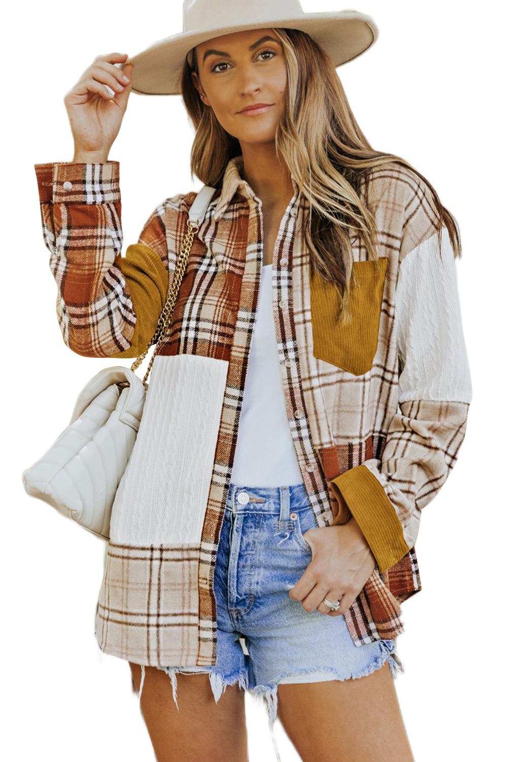 Orange Plaid Color Block Patchwork Shirt Jacket with Pocket - Premium Outerwear from Momma Done Gone Crafty- Just $35.99! Shop now at Momma Done Gone Crafty