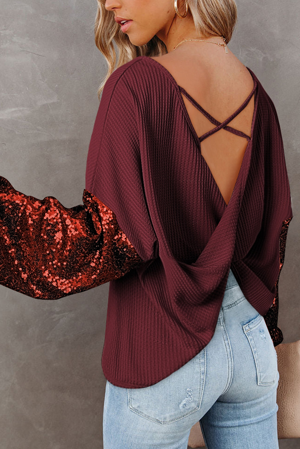 Biking Red Sequin Patchwork Sleeve Open Back Waffle Knit Top - Premium Tops from Momma Done Gone Crafty- Just $40.86! Shop now at Momma Done Gone Crafty