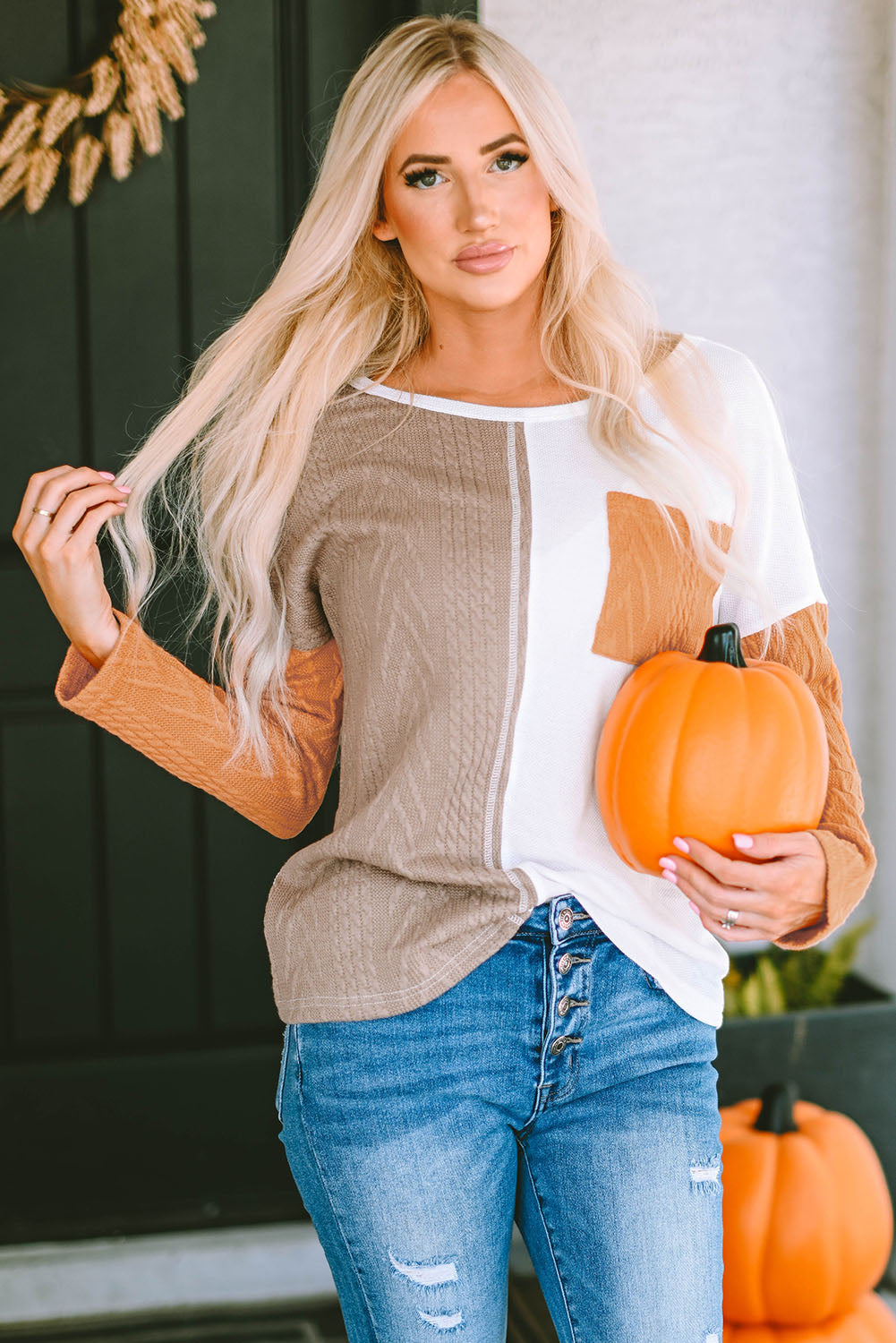 Orange Long Sleeve Colorblock Chest Pocket Textured Knit Top - Premium Tops from Momma Done Gone Crafty- Just $19.20! Shop now at Momma Done Gone Crafty