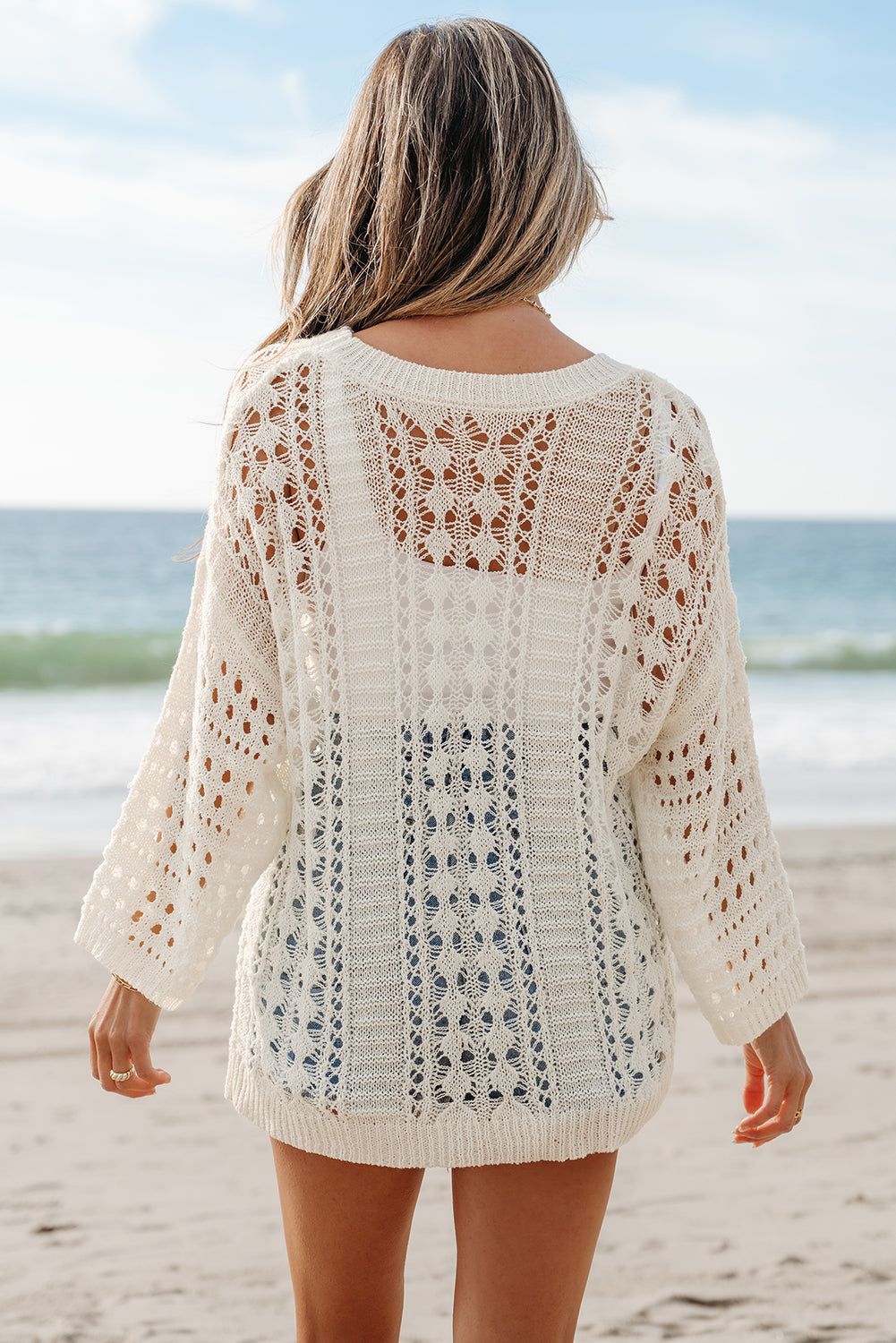 White Hollow Out Knit Bracelet Sleeve Drop Shoulder Sweater - Premium Sweaters & Cardigans/Sweaters from Momma Done Gone Crafty- Just $28.99! Shop now at Momma Done Gone Crafty