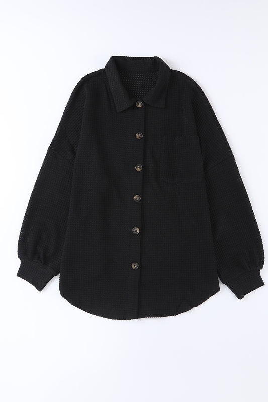 Black Waffle Knit Button Up Casual Shirt - Premium Tops from Momma Done Gone Crafty- Just $20.94! Shop now at Momma Done Gone Crafty