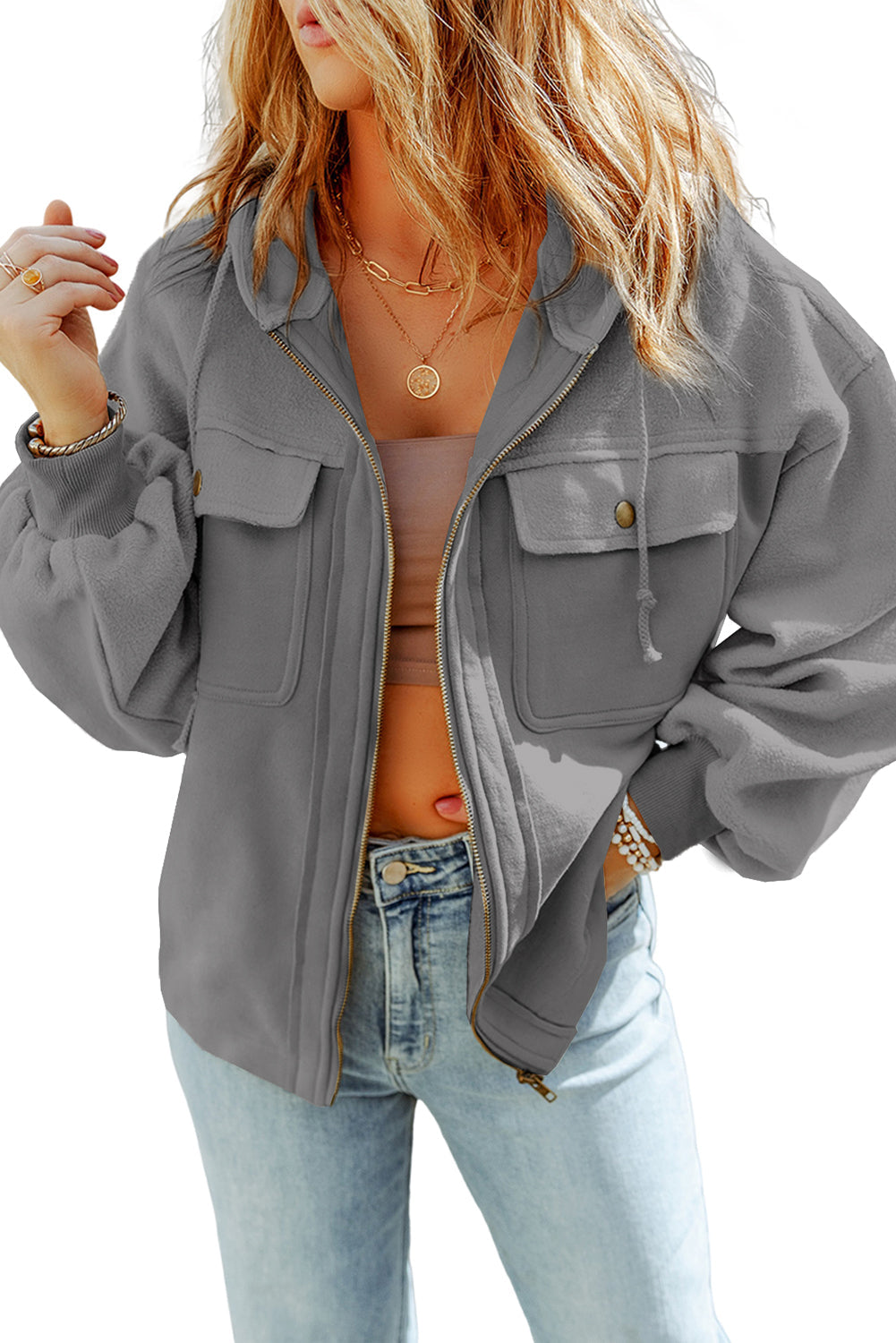 Gray Flap Pocket Drawstring Hood Zip Up Jacket - Premium Outerwear from Momma Done Gone Crafty- Just $38.99! Shop now at Momma Done Gone Crafty