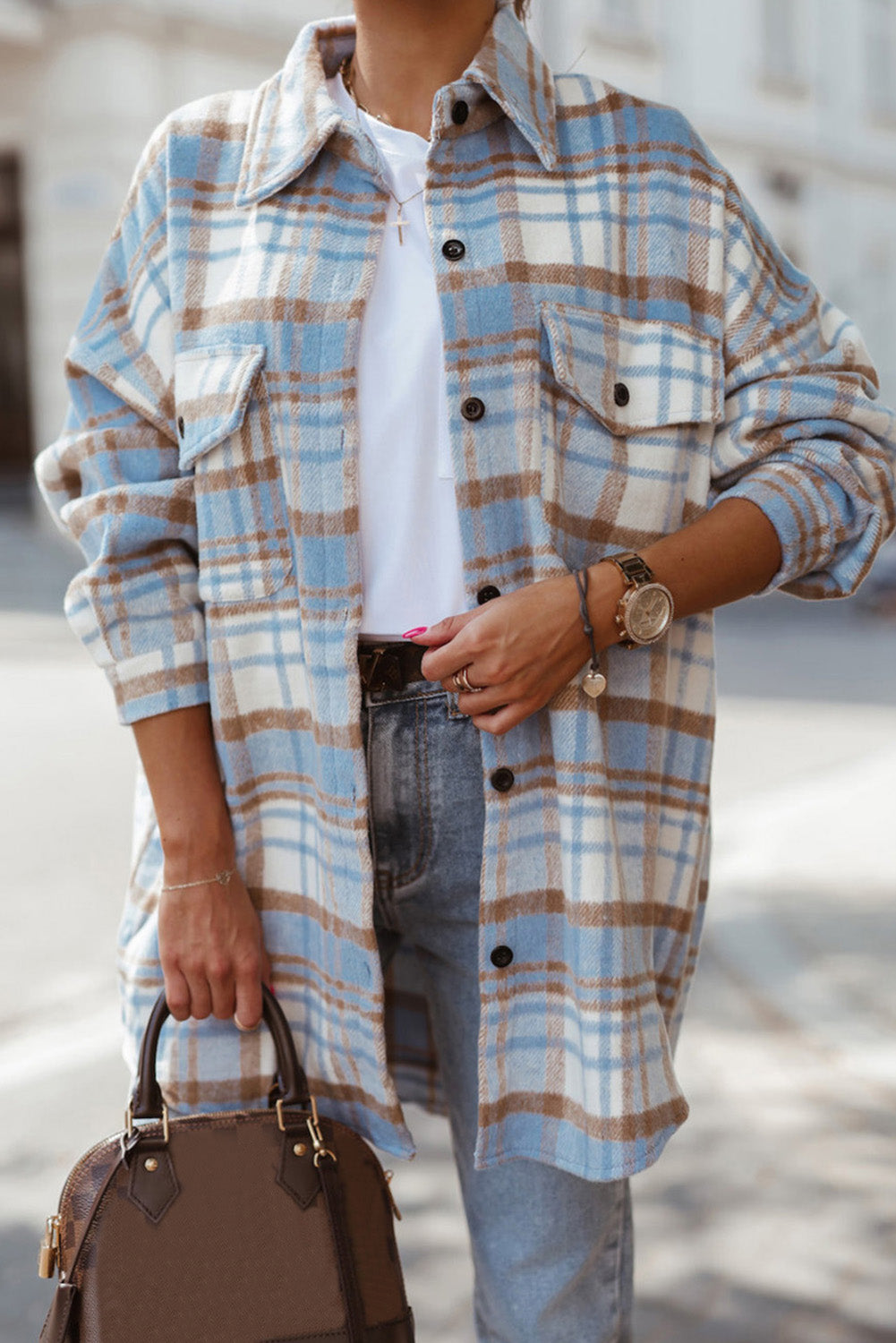 Sky Blue Plaid Flap Pocket Long Sleeve Shacket - Premium Outerwear from Momma Done Gone Crafty- Just $55.00! Shop now at Momma Done Gone Crafty