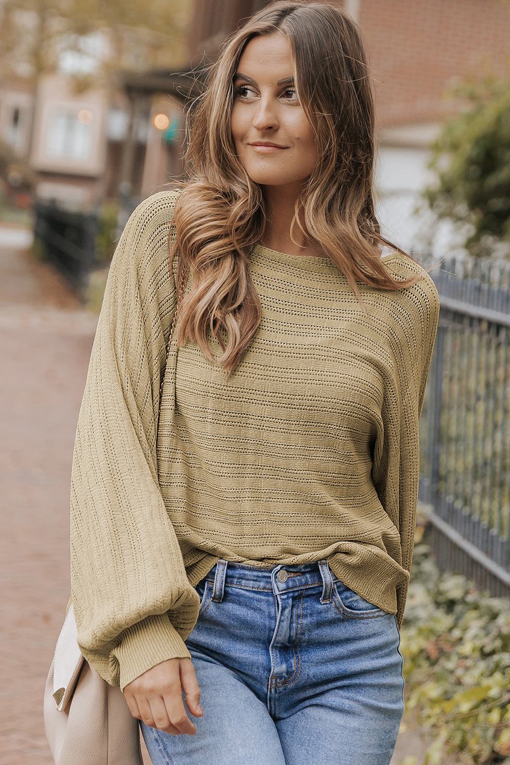 Apricot Lantern Sleeve Eyelets Textured Knit Sweater - Premium Tops from Momma Done Gone Crafty- Just $37.20! Shop now at Momma Done Gone Crafty