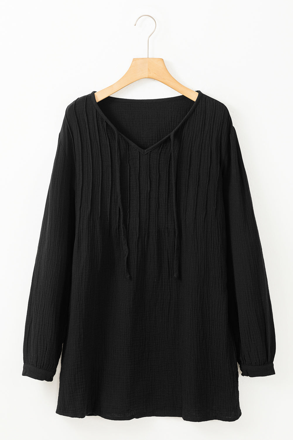 Black Casual Pleated V Neck Textured Loose Top - Premium Tops from Momma Done Gone Crafty- Just $54.75! Shop now at Momma Done Gone Crafty