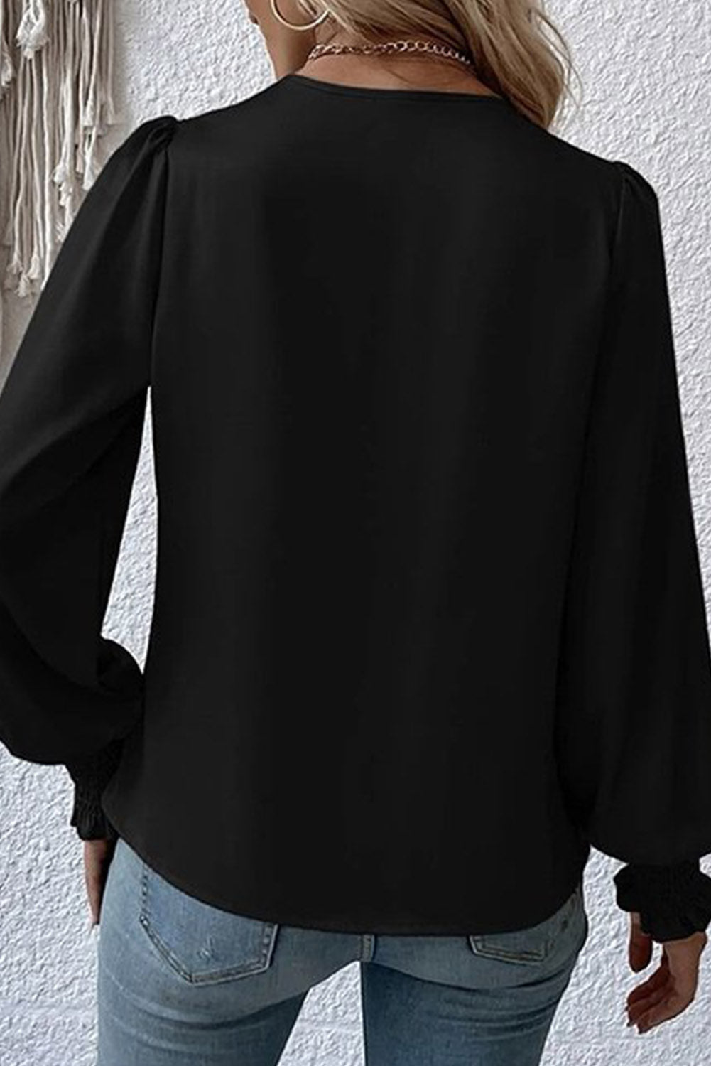 Black Solid Surplice Neck Shirred Cuffs Draped Blouse - Premium Tops from Momma Done Gone Crafty- Just $31.80! Shop now at Momma Done Gone Crafty