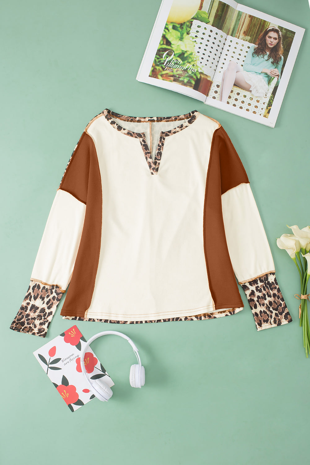 White Leopard Color Block Patchwork Split Neck Long Sleeve Top - Premium Tops from Momma Done Gone Crafty- Just $24.99! Shop now at Momma Done Gone Crafty