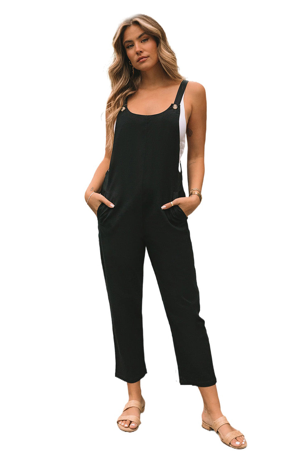 Black Button Straps Pocketed Cropped Jumpsuit - Premium Bottoms from Momma Done Gone Crafty- Just $35.40! Shop now at Momma Done Gone Crafty